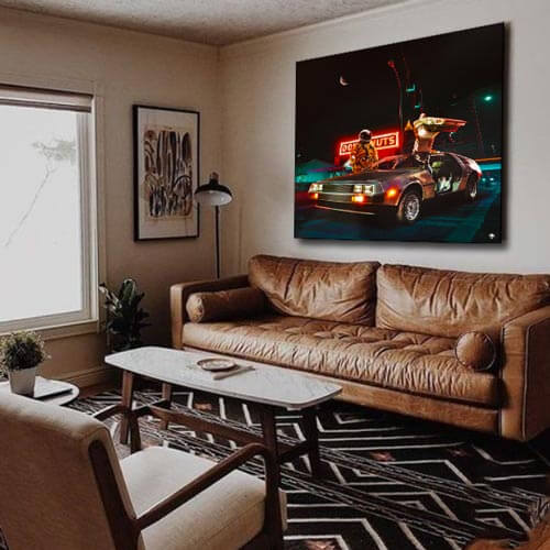 A neon Classic Car wall art piece hanging in a living room