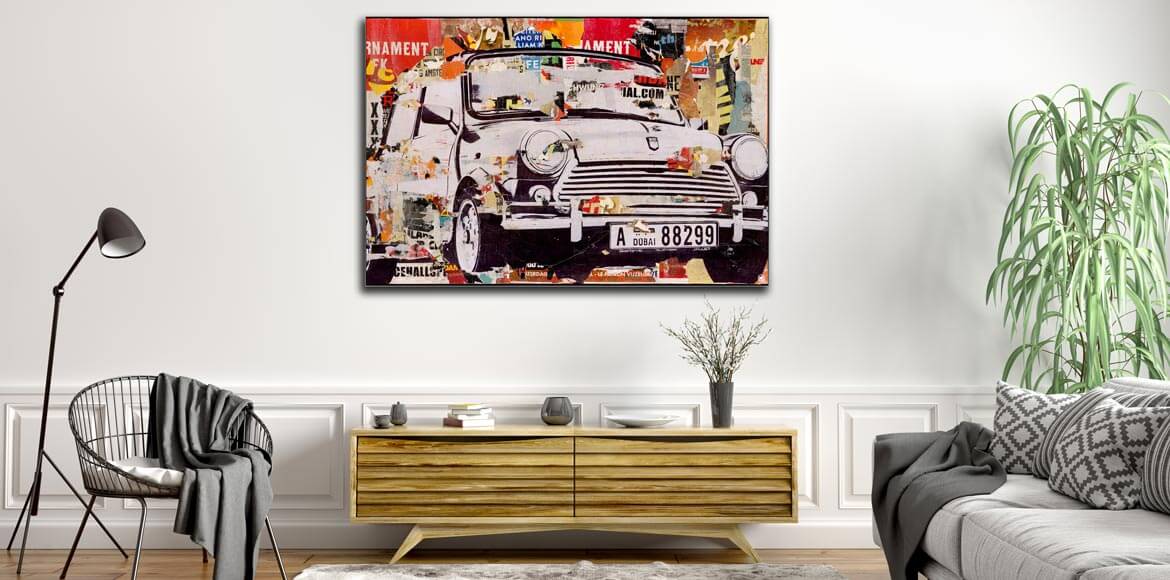 A pop art Classic Car wall art piece of an old European car hanging in a living room