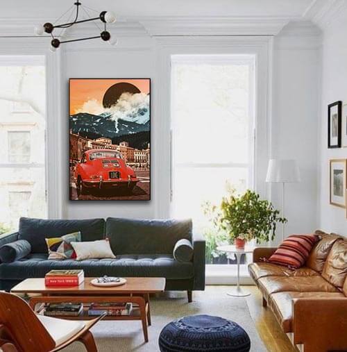 A Classic Car wall art piece of a VW bug hanging in a living room