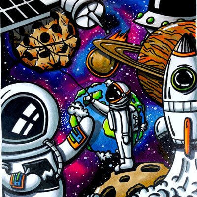 Huge Astronaut Wall Art Space Trippy Adventure Cartoon Doodle Illustration Drugs