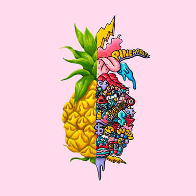 Huge Pineapple Pink Wall Art Trippy Adventure Cartoon Doodle Illustration Drugs