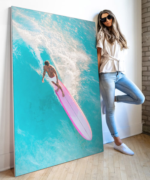 Big Tropical Hawaii Ocean Wave Surfer Surfboard Framed Fabric Wall Art by Jessica Vide