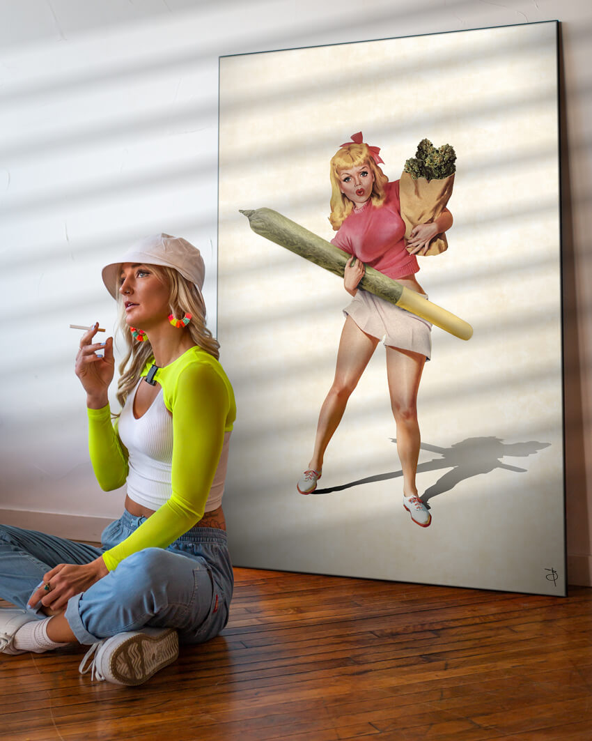 cannabis 420 art artwork decor bedroom featuring a girl holding joint and a blunt leans on the wall behind a woman smoking a joint.