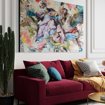 Large colorful hipstoric wall art hangs above red couch on white wall in modern living room.