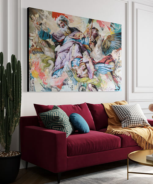 Large colorful hipstoric wall art hangs above red couch on white wall in modern living room.