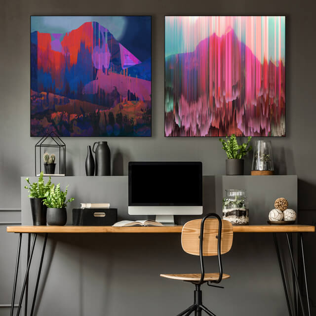 Colorful red and blue abstract wall art of mountains for your gray office