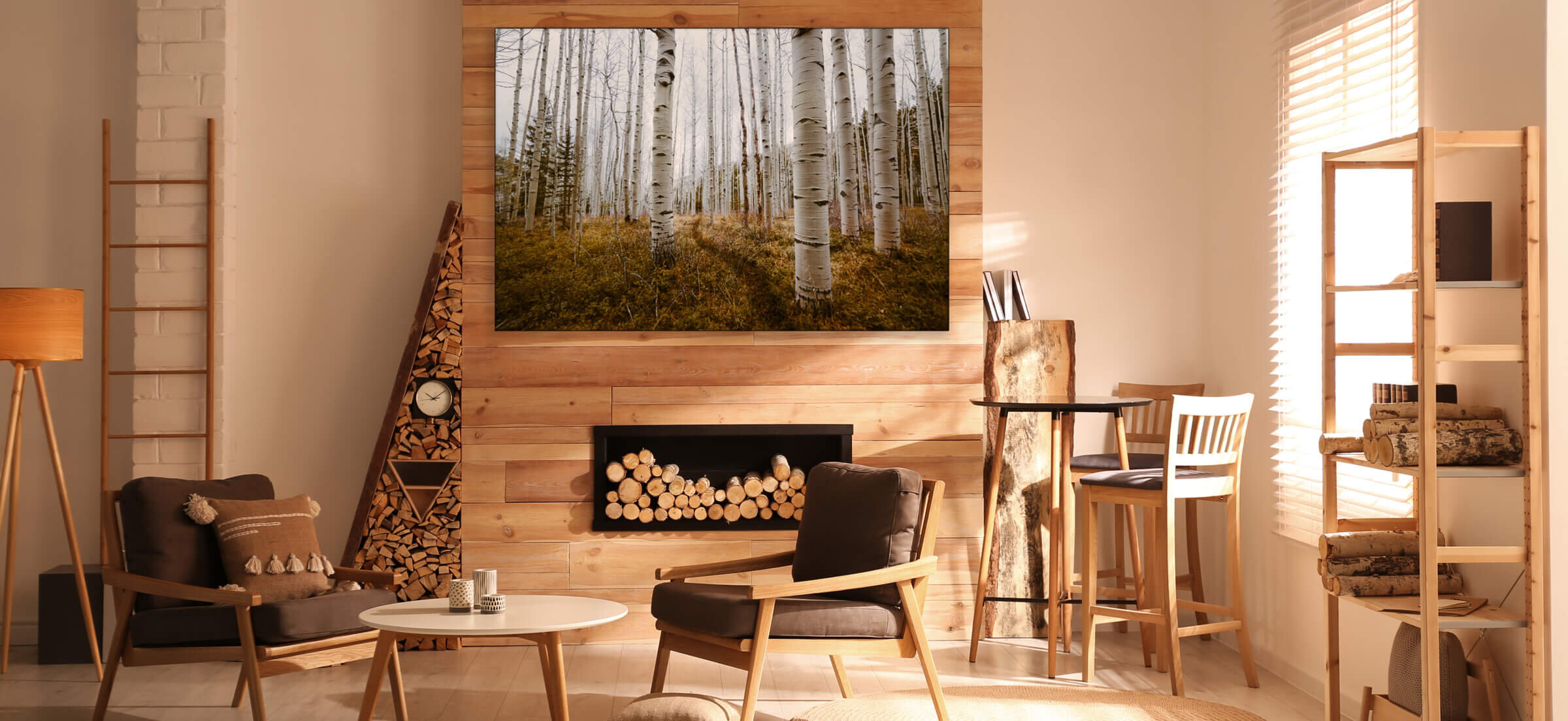 Extra Large Aspen Grove Forest Landscape Wall Art Hangs on Wood Fireplace in Cabin