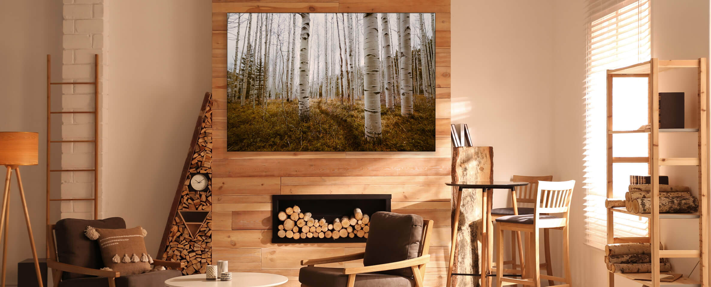 Extra Large Aspen Grove Forest Landscape Wall Art Hangs on Wood Fireplace in Cabin