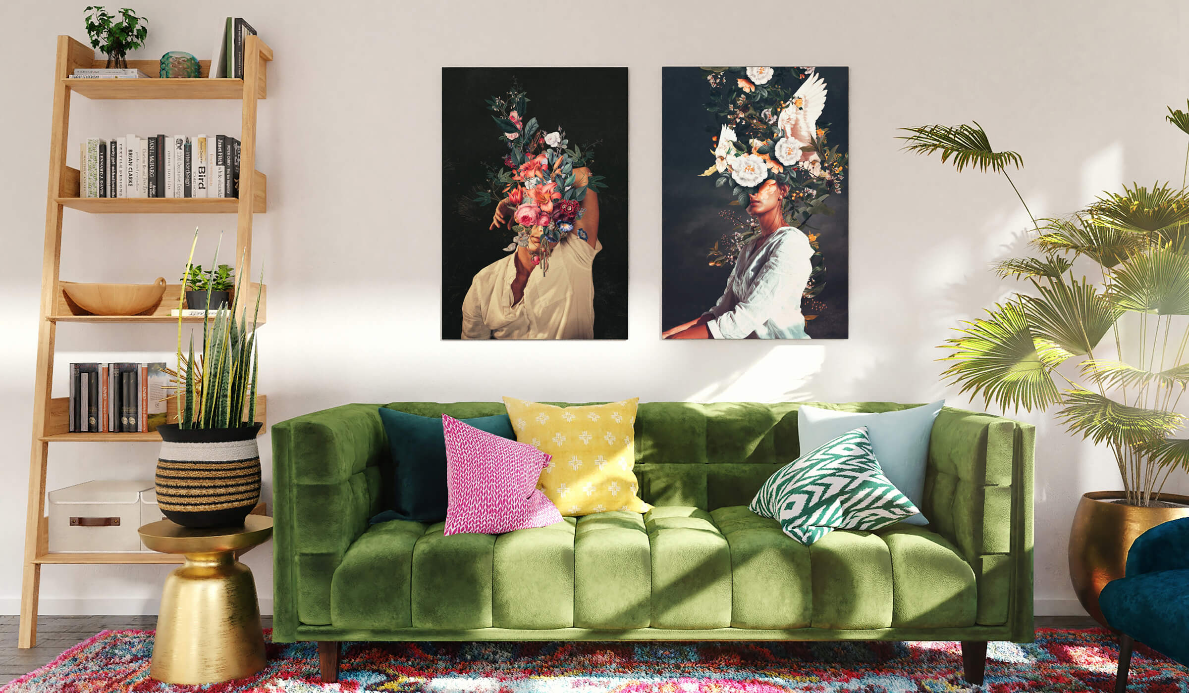 Two Frank Moth Floral Head Large Wall Art Pieces Hang Side by Side Above Green Couch in Living Room