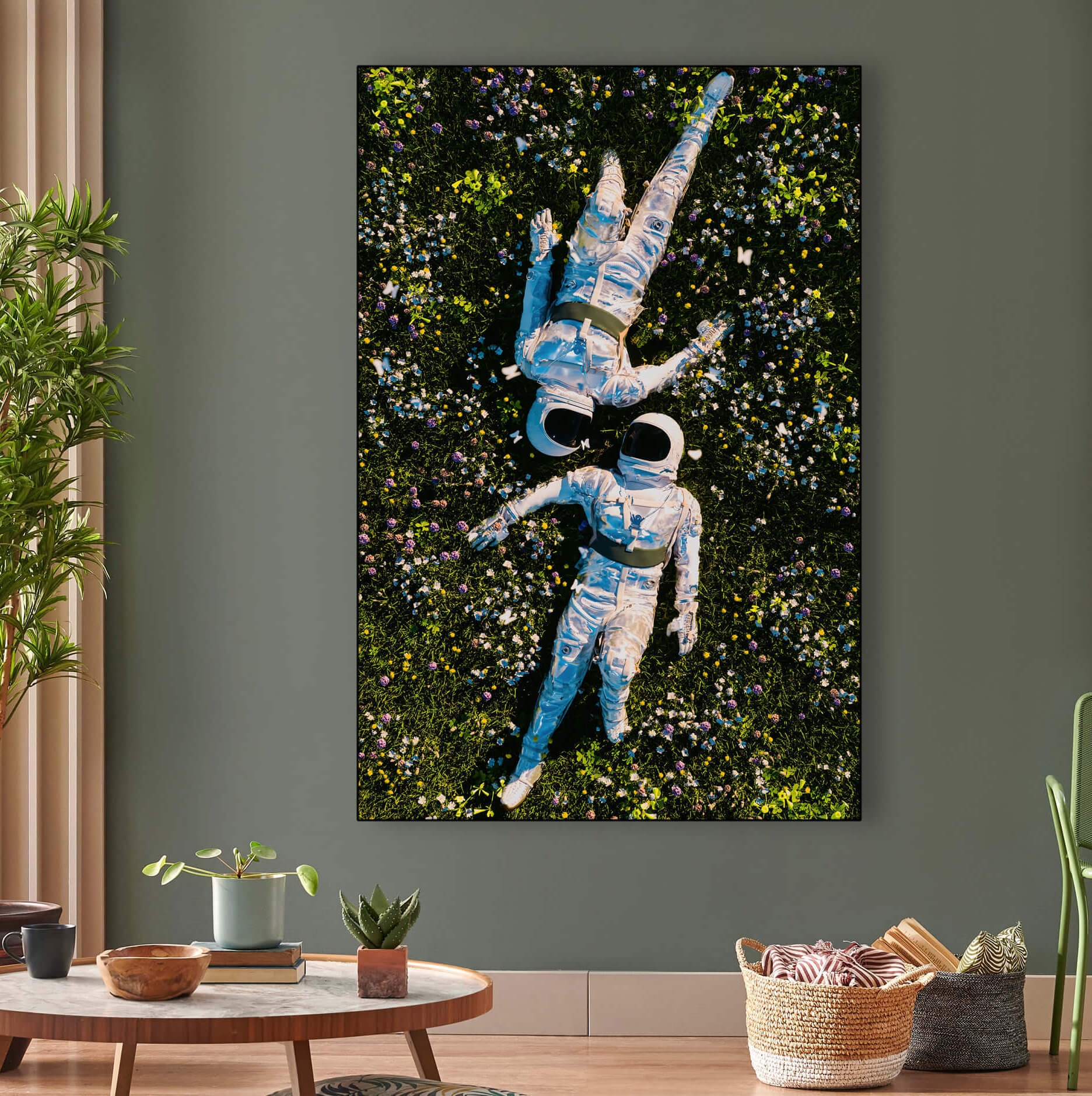 Oversized Wall Art Featuring Astronauts in Field Hangs in Living Room