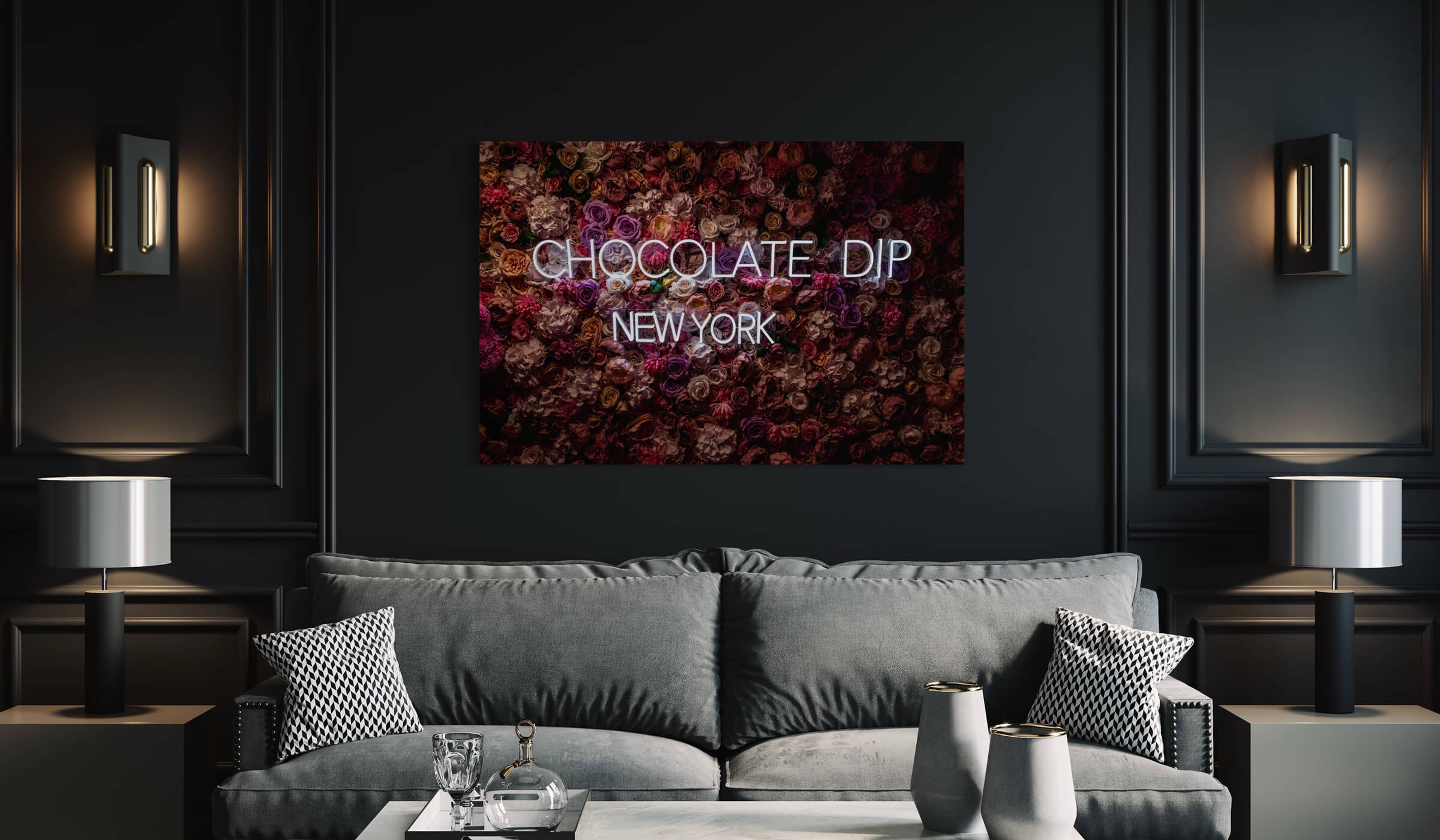 Oversized photography of a magenta rose wall with neon sign Chocolate Dip New York hangs in big city Airbnb