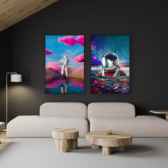 Extra large surreal astronaut wall art hangs side by side in modern black and white living room