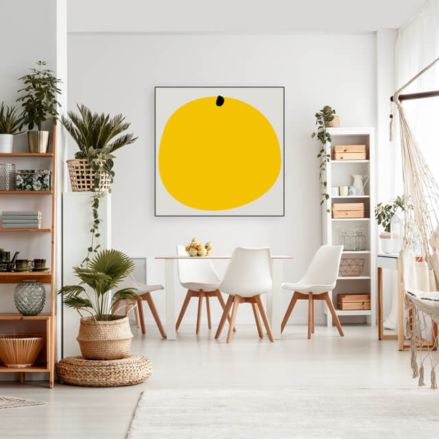 Oversized yellow boho art hanging in neutral boho apartment
