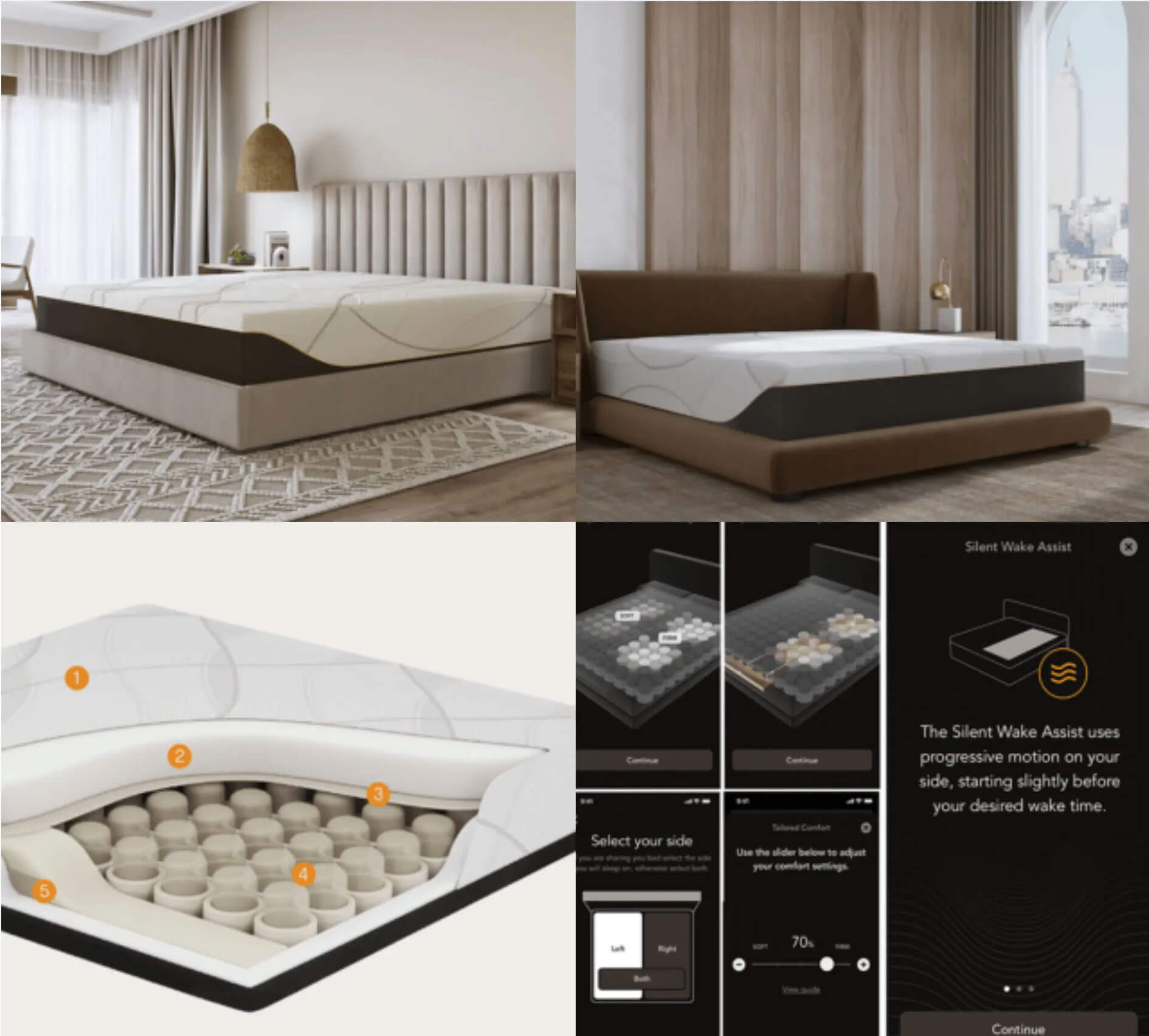 Gallery of 4 images of bed showing it staged in bedrooms as well as how the technology works.