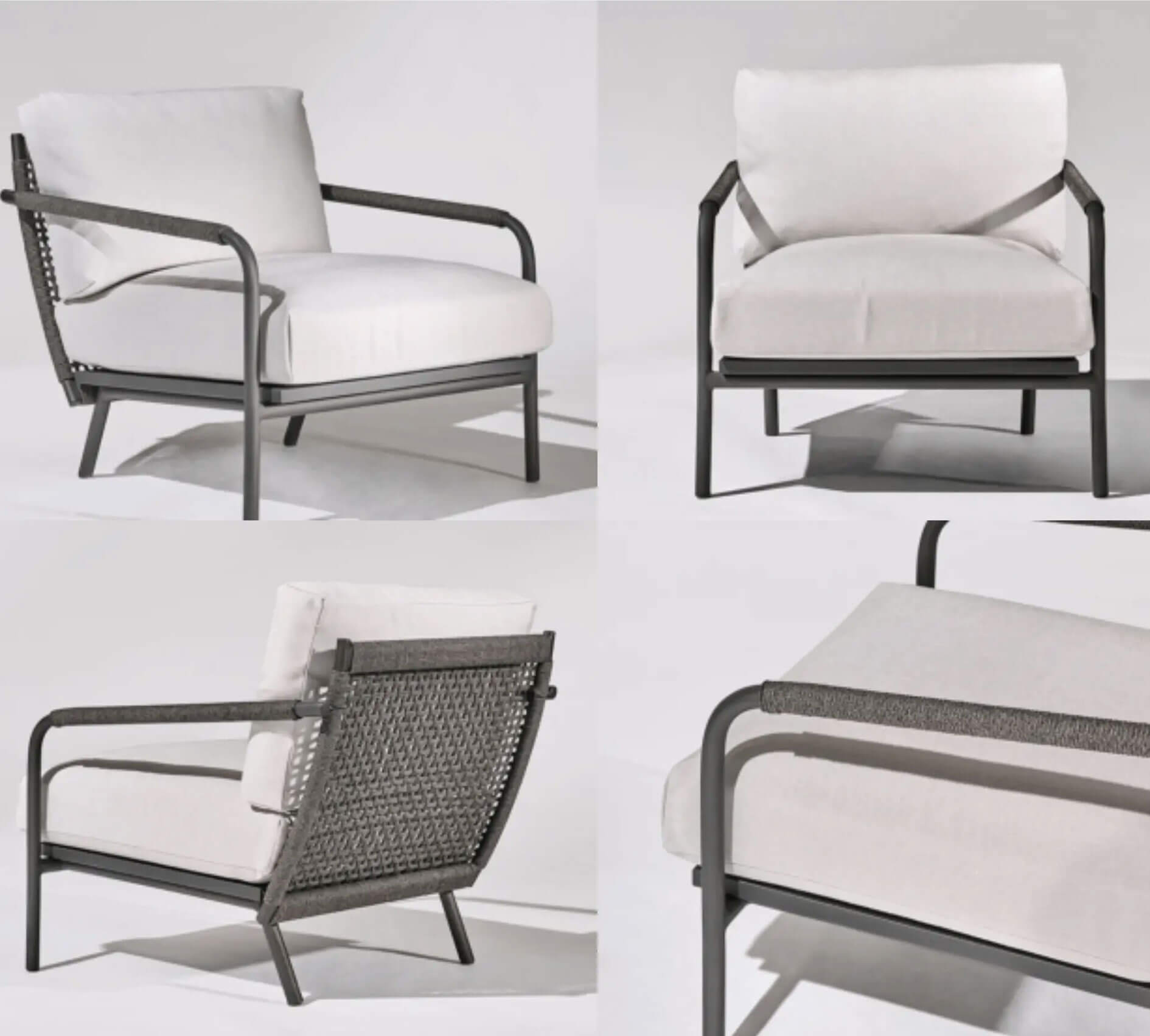 Gallery of 4 images featuring different angles of grey rope wrapped chair with plush white cushions.
