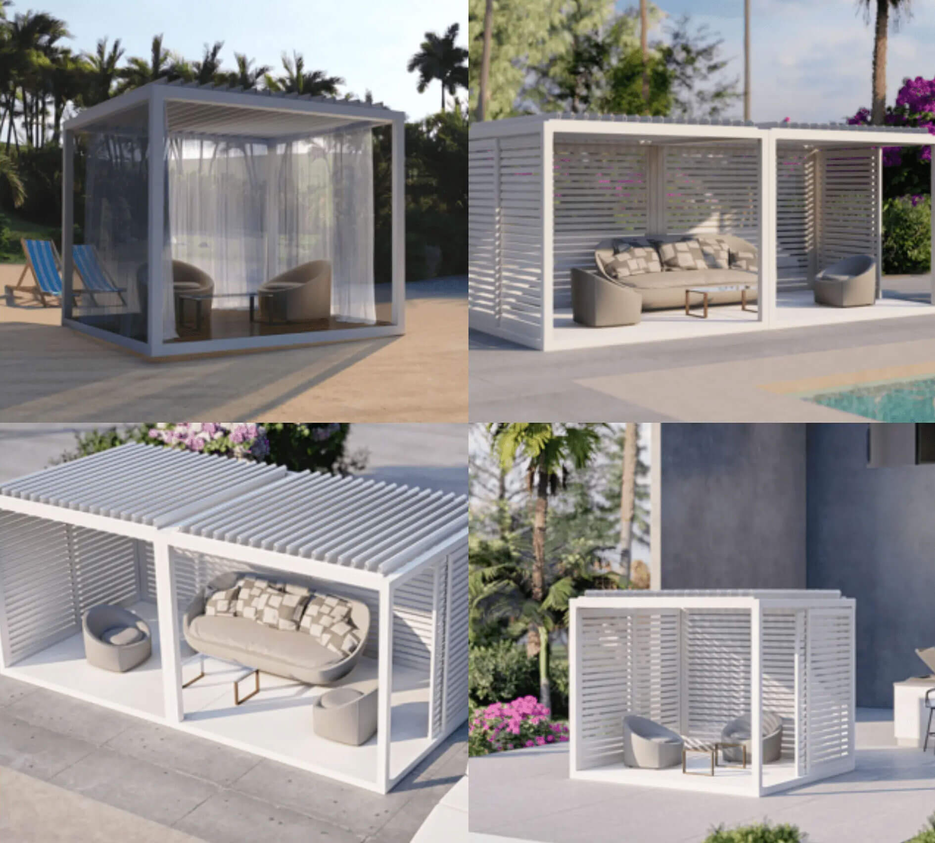 Gallery of 4 images showing white portable K-BANAs in various outdoor settings.