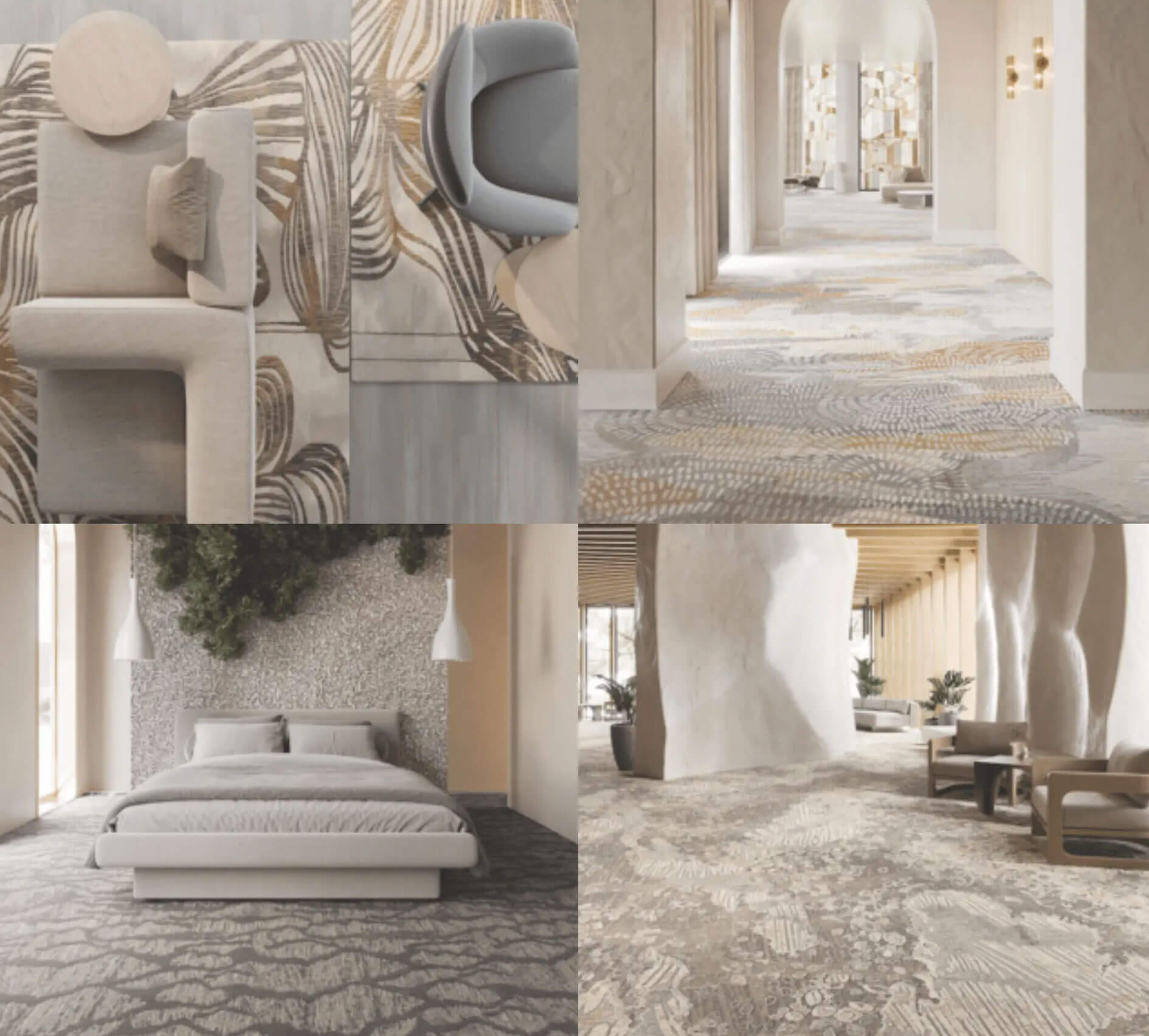 4 Image Gallery in light neutral tans and beige showing mushroom inspired rugs on the floor of various room settings.