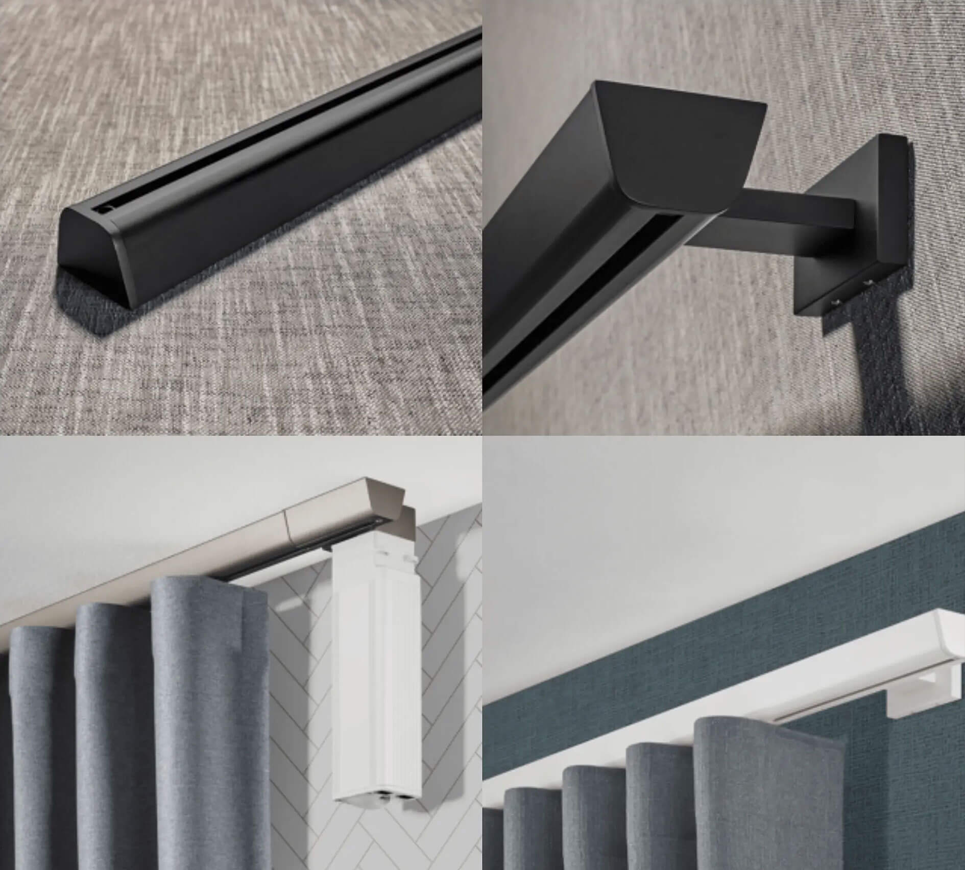 Gallery of 4 images showing contemporary drapery hardware in different colors hanging on the wall with different pleat style curtains hanging off of it.