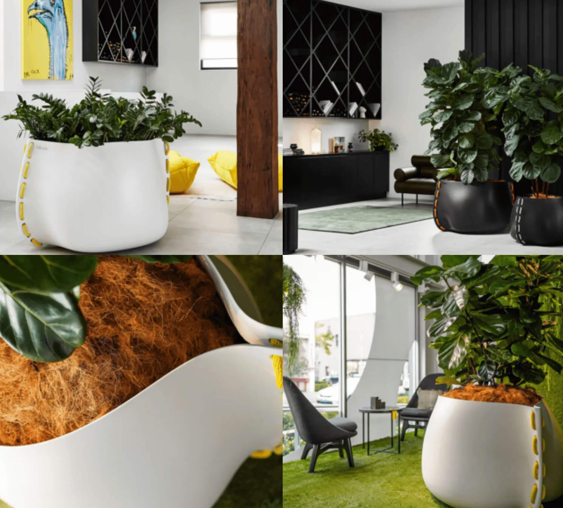 Gallery of 4 images showing different angles of the large planter in different colors and staged in different rooms. Each has a large green leafy plant inside and is decorated in a neutral style.