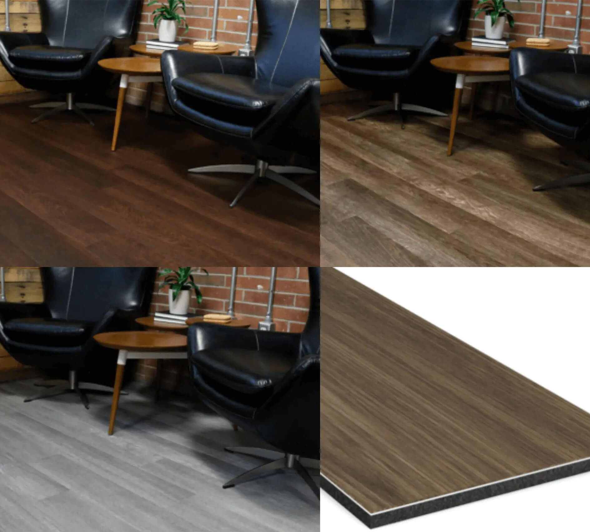 Gallery of 4 images of performance vinyl tile flooring in different colors on an office floor.