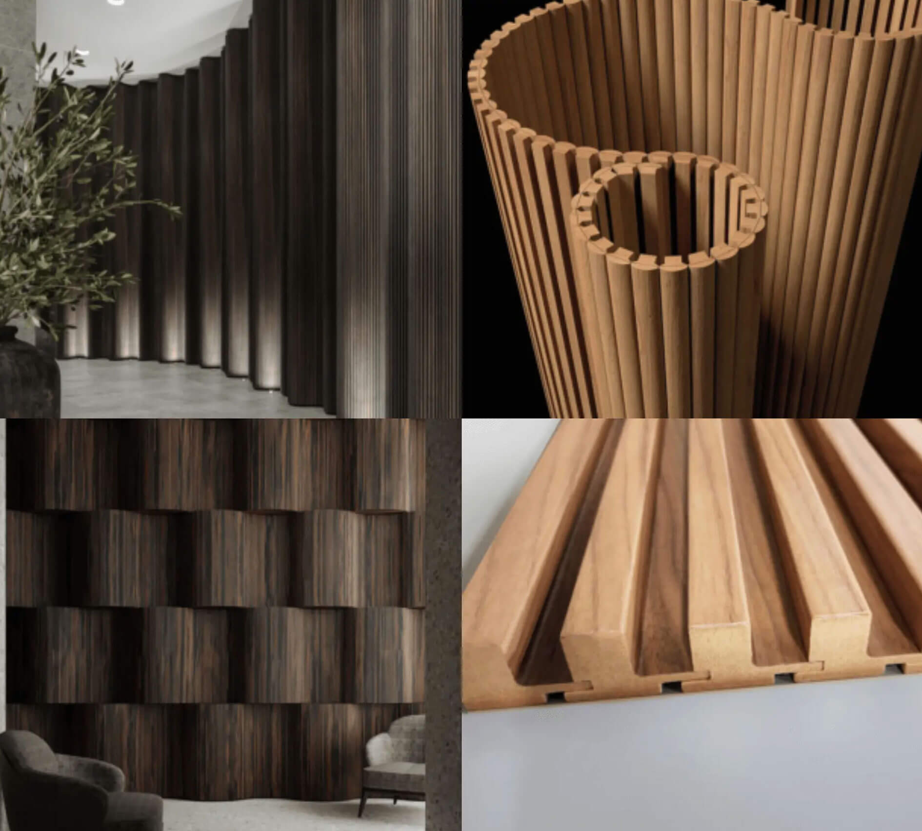 Gallery of 4 images showing different style wall paneling in contemporary homes.