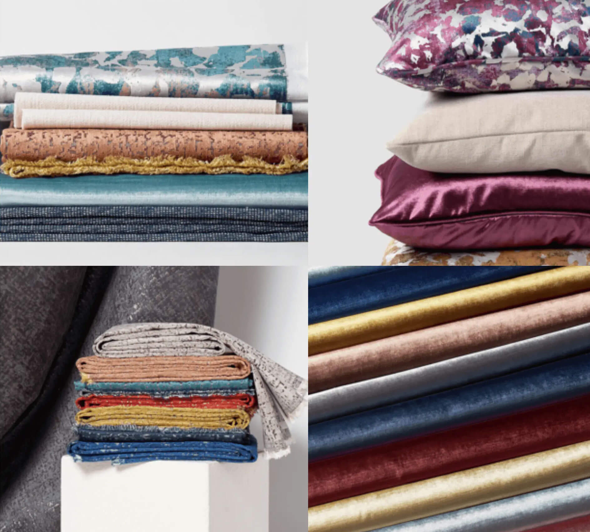 Gallery of 4 images featuring stacks of fabric in trending colors and patterns that won the 2023 design product awards expo.
