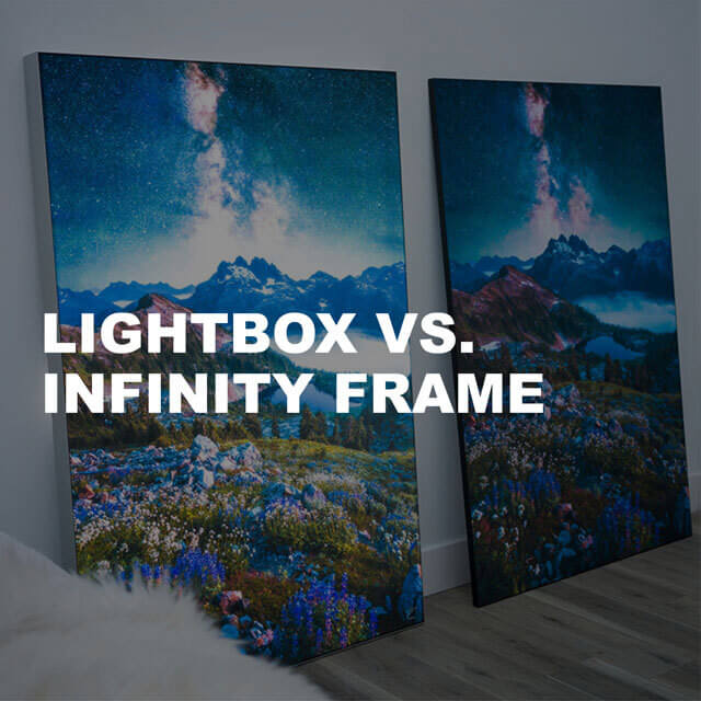 Identical nature photos are displayed side by side in a bedroom. The left image is backlit with a Lightbox. The right image is displayed traditionally on an Infinity Frame.