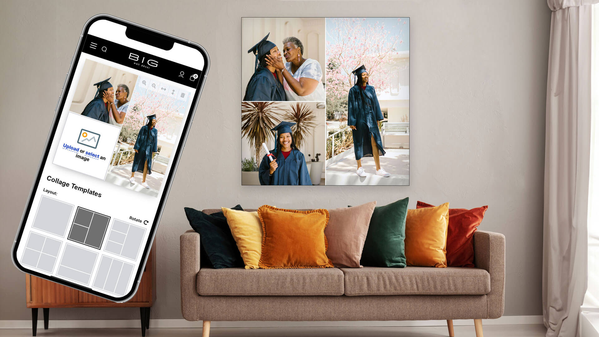Insight into how custom collage poster hanging above couch in living room was designed, as seen on the phone showing BIG Wall Decor's custom photo collage makers.