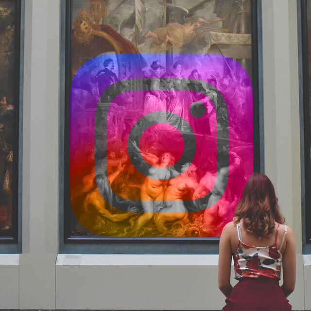 Girl stands in front of three large paintings hanging side by side in a museum. The middle painting is covered with an Instagram logo.