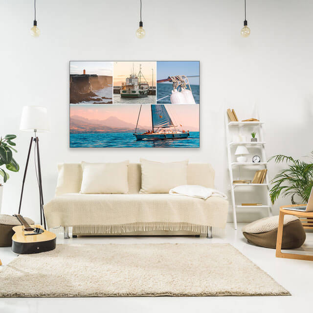 Large photo collage hangs above couch in beach aesthetic living room