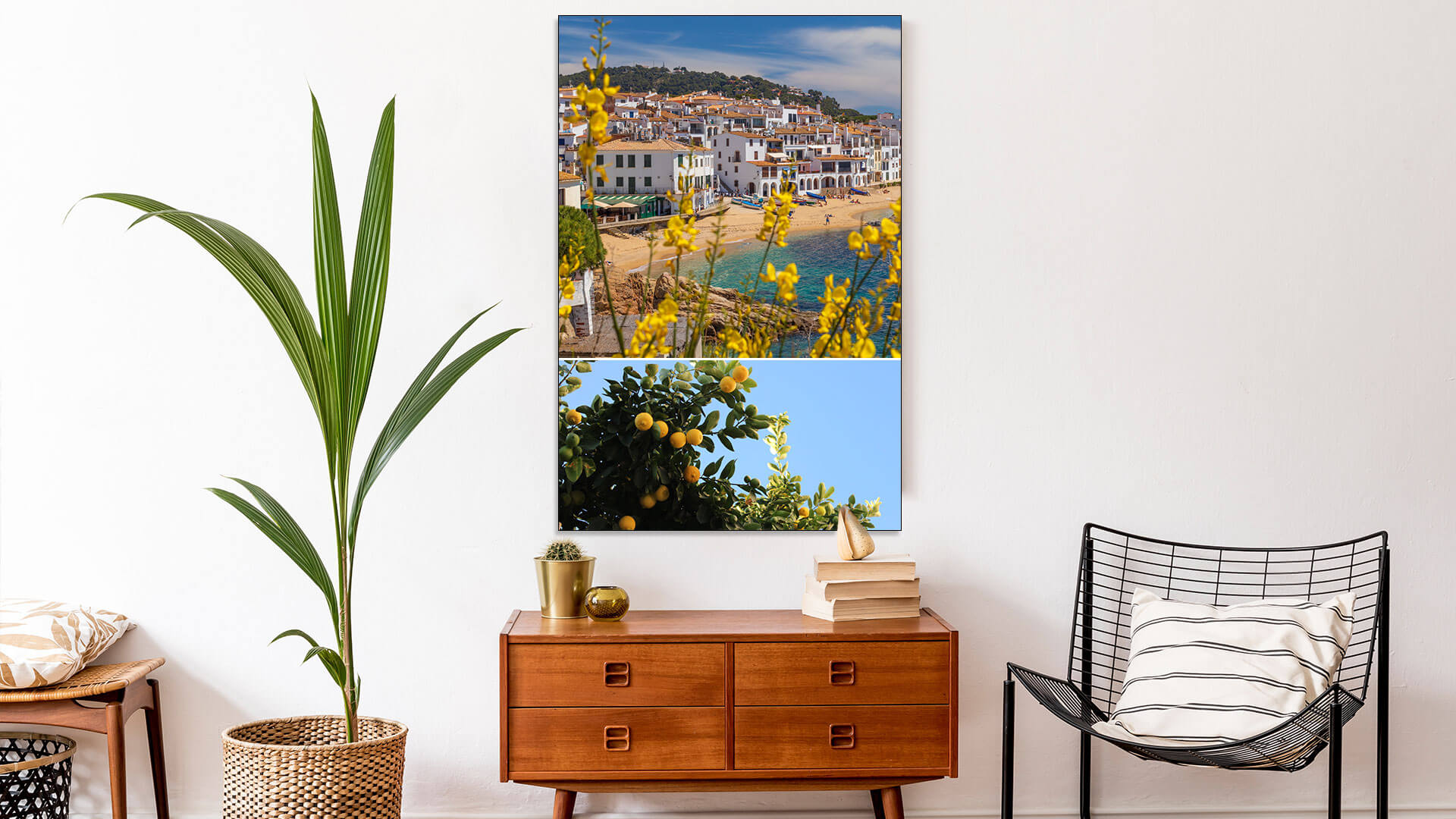 Photo collage featuring two nature photos hangs above wooden entryway table