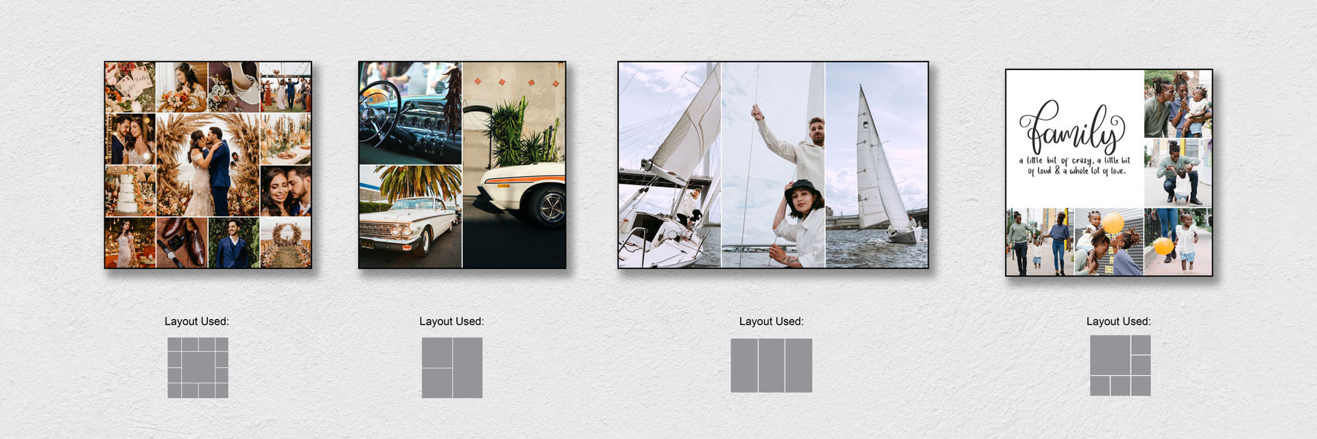 Examples of custom collage maker layouts and inspiration for what photos might look like when printed in different layouts.