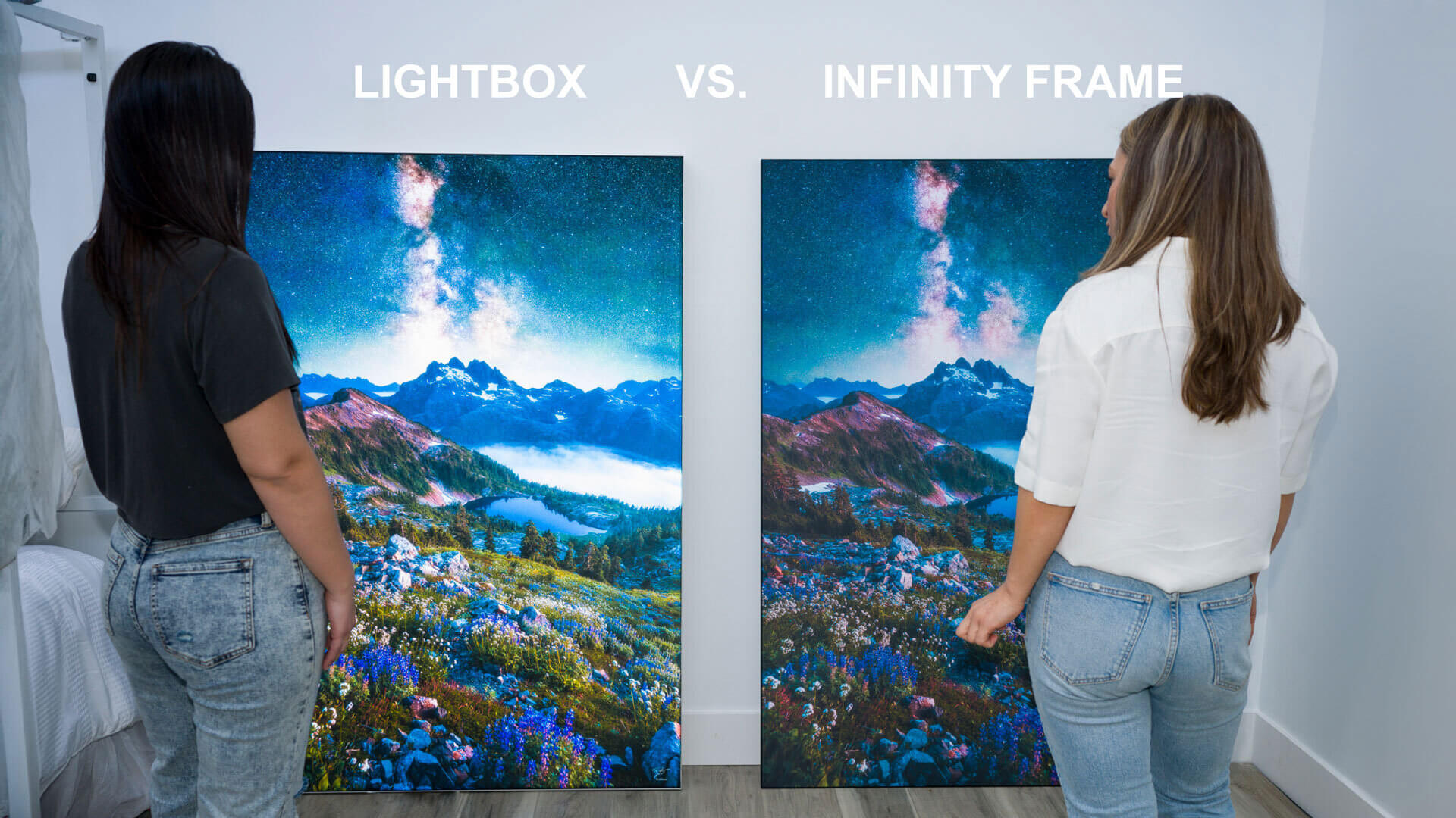 Two girls stand in front of identical nature photos are displayed side by side in a bedroom. The left image is backlit with a Lightbox. The right image is displayed traditionally on an Infinity Frame.