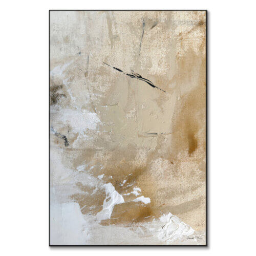 Abstract painting with white and tan tones and soft brushstrokes with textured surfaces.
