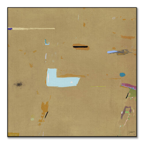 Abstract artwork in tan with vibrant splashes of blue, pink, and green, featuring geometric shapes and brush strokes.