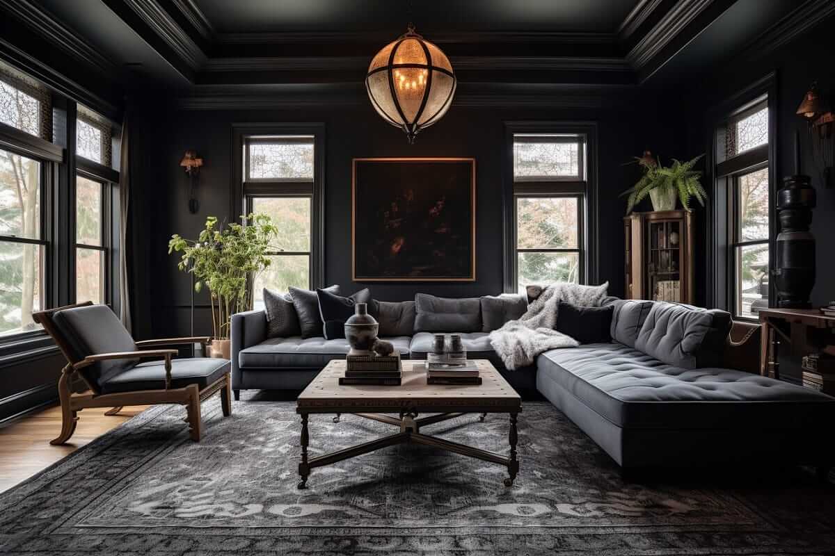 Charcoal color drenching brings instant depth and sophistication to this modern living room. From the walls to the furniture, every shade blends seamlessly, proving that dark interiors can feel both inviting and high-end.