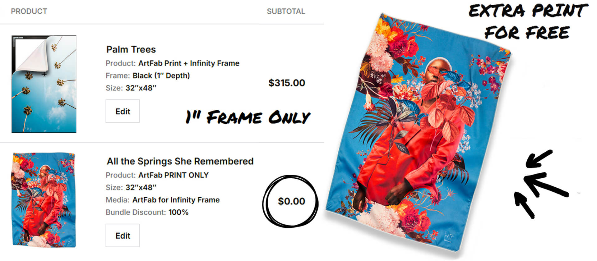 Shopping cart showing a free extra print with the purchase of a framed artwork.