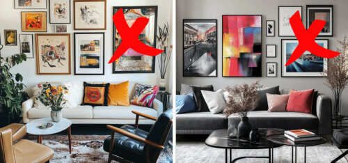 Two living rooms with cluttered and mismatched gallery walls, featuring a chaotic mix of art styles and oversized red "X" marks indicating design mistakes.