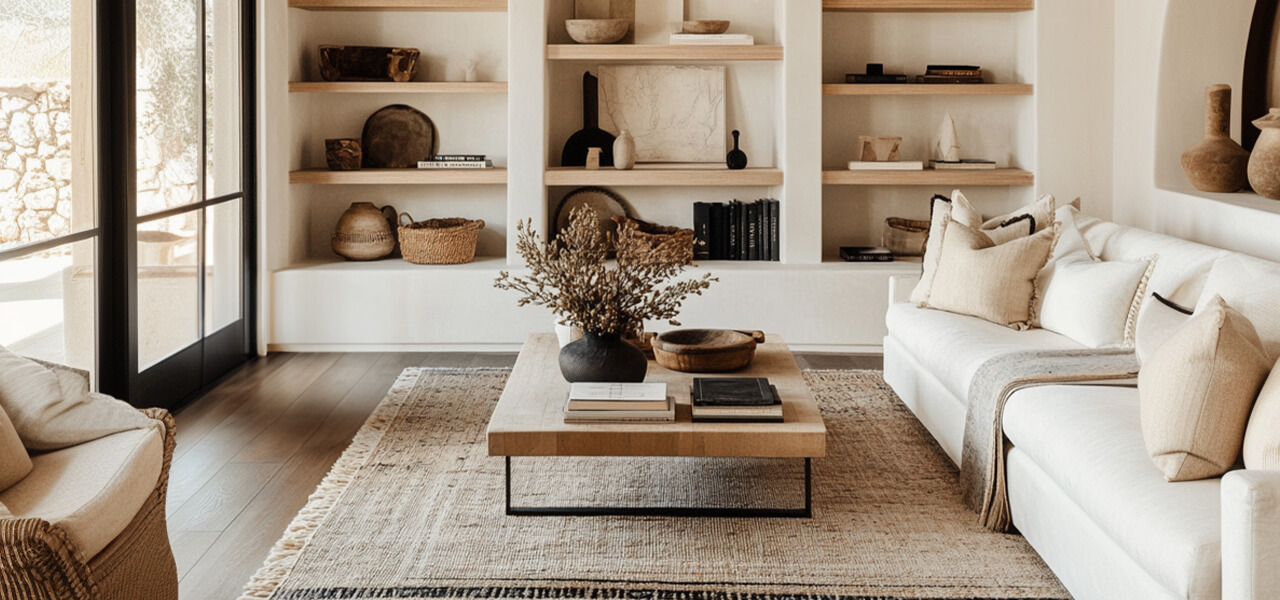 A modern, neutral-toned living room with built-in arched shelving, a styled coffee table, and a cozy white sofa layered with plush pillows and a throw blanket.