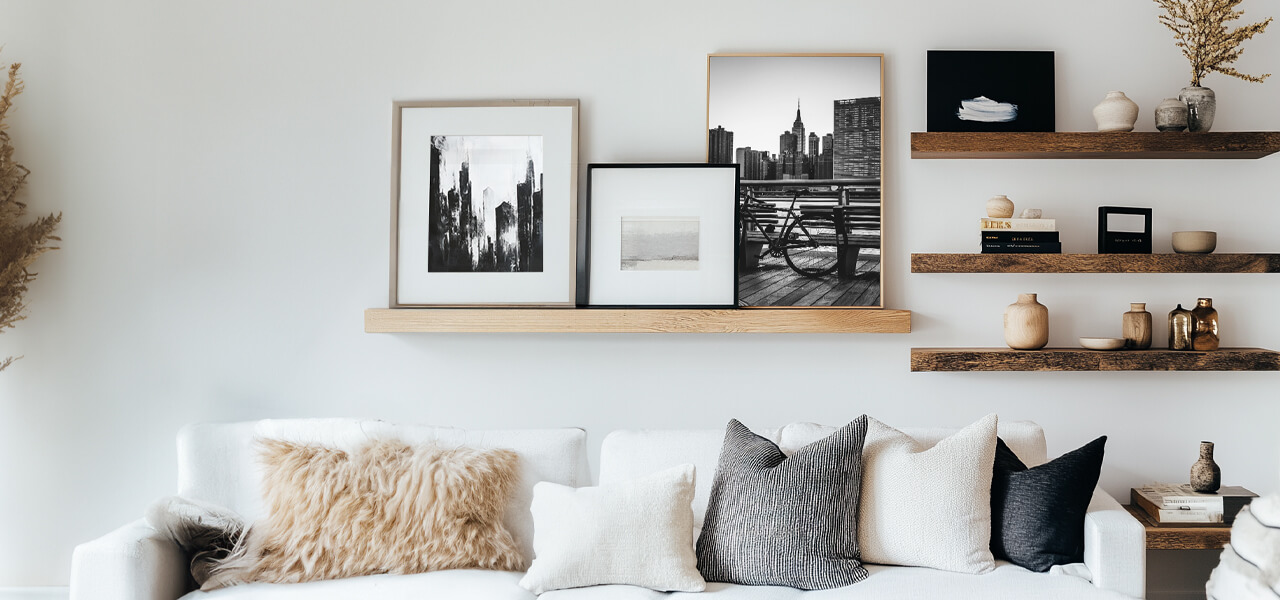 A modern living room with a mix of black-and-white photography and abstract art on a floating shelf above a white couch.
