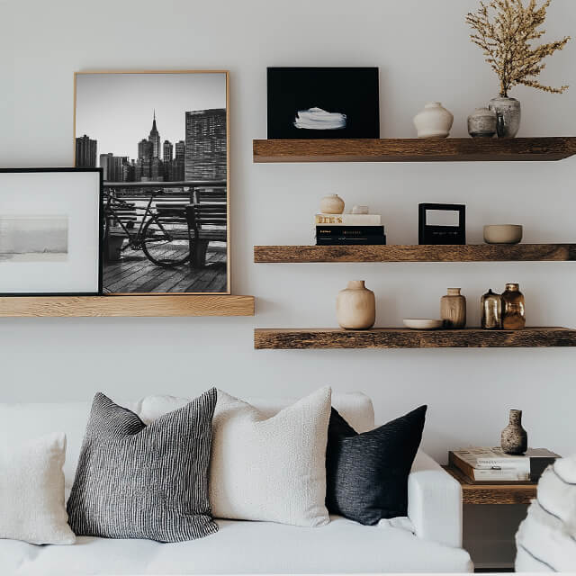 A mix of black-and-white photography and abstract art on a floating shelf above a white couch in a modern living room.