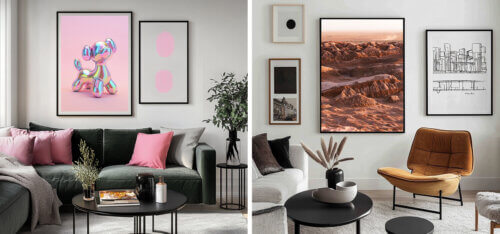 Two living rooms mixing art styles: one with playful pop art and soft abstracts, the other with a desert landscape and architectural sketches.