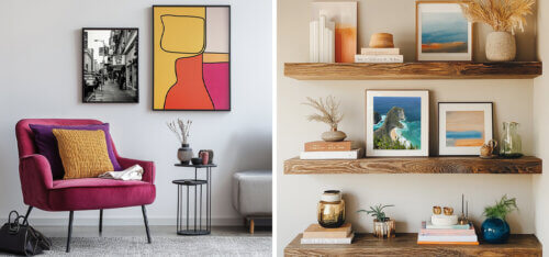Two living spaces mixing art styles: black-and-white street photography with bold abstract art on the left, and coastal photography with abstract seascapes on the right.