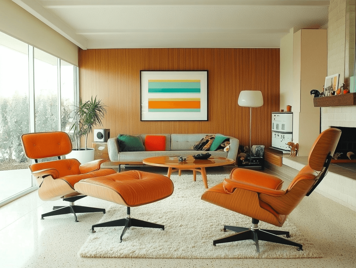 A mid-century modern living room featuring a pair of orange leather Eames lounge chairs with matching ottomans, a wooden coffee table, and a neutral sofa adorned with colorful pillows. A bold geometric wall art piece with teal, orange, and white stripes hangs above the sofa, complementing the wood-paneled wall. A white floor lamp stands beside the couch, and the room is bathed in natural light from floor-to-ceiling windows overlooking a lush outdoor view. A shaggy white rug anchors the space, adding texture and warmth.