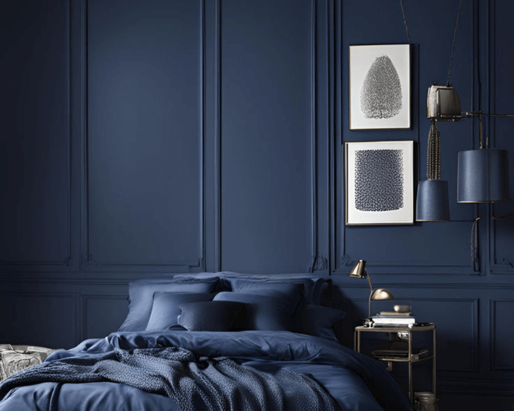 A deep navy blue bedroom featuring matching walls, ceiling, bedding, and décor, creating a moody and immersive atmosphere.