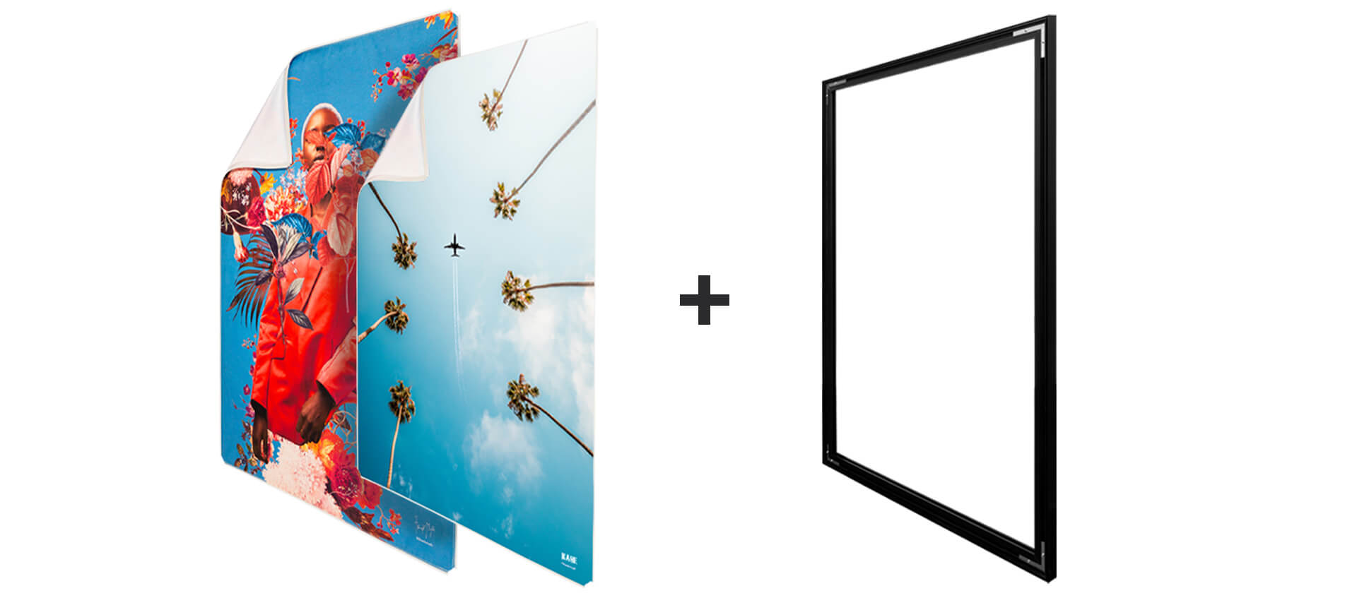 A set of two fabric art prints with a sleek black frame for easy swapping.