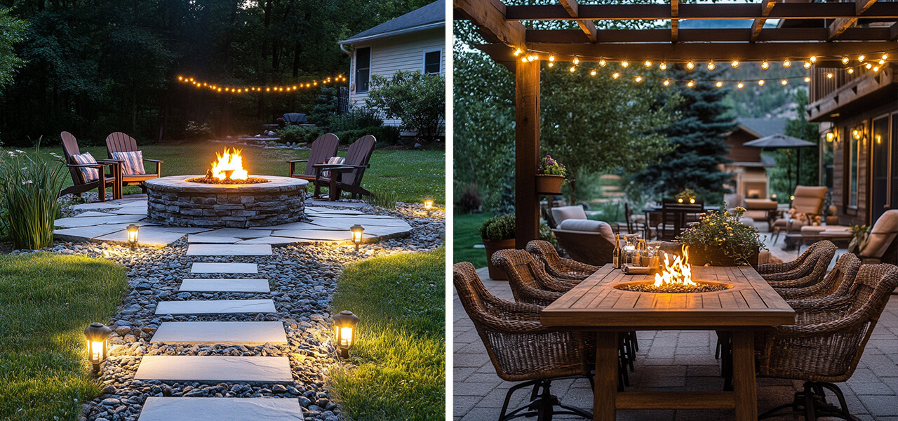 Transform your patio with layered outdoor lighting. From string lights to fire pits, create a warm and inviting atmosphere for nighttime gatherings.
