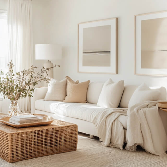 Neutral-toned coastal living room with a white sofa, rattan coffee table, soft throw blankets, framed minimalist ocean artwork, and natural light.
