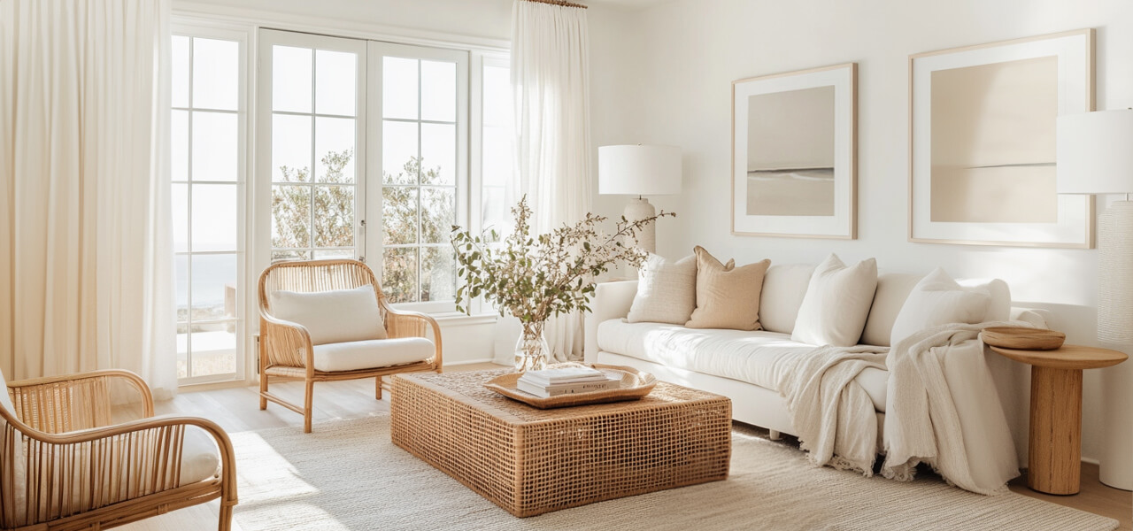 Neutral-toned coastal living room with a white sofa, rattan coffee table, soft throw blankets, framed minimalist ocean artwork, and natural light.