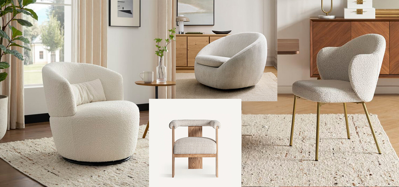 Group of modern curved accent chairs in soft neutral tones with bouclé and wood textures.
